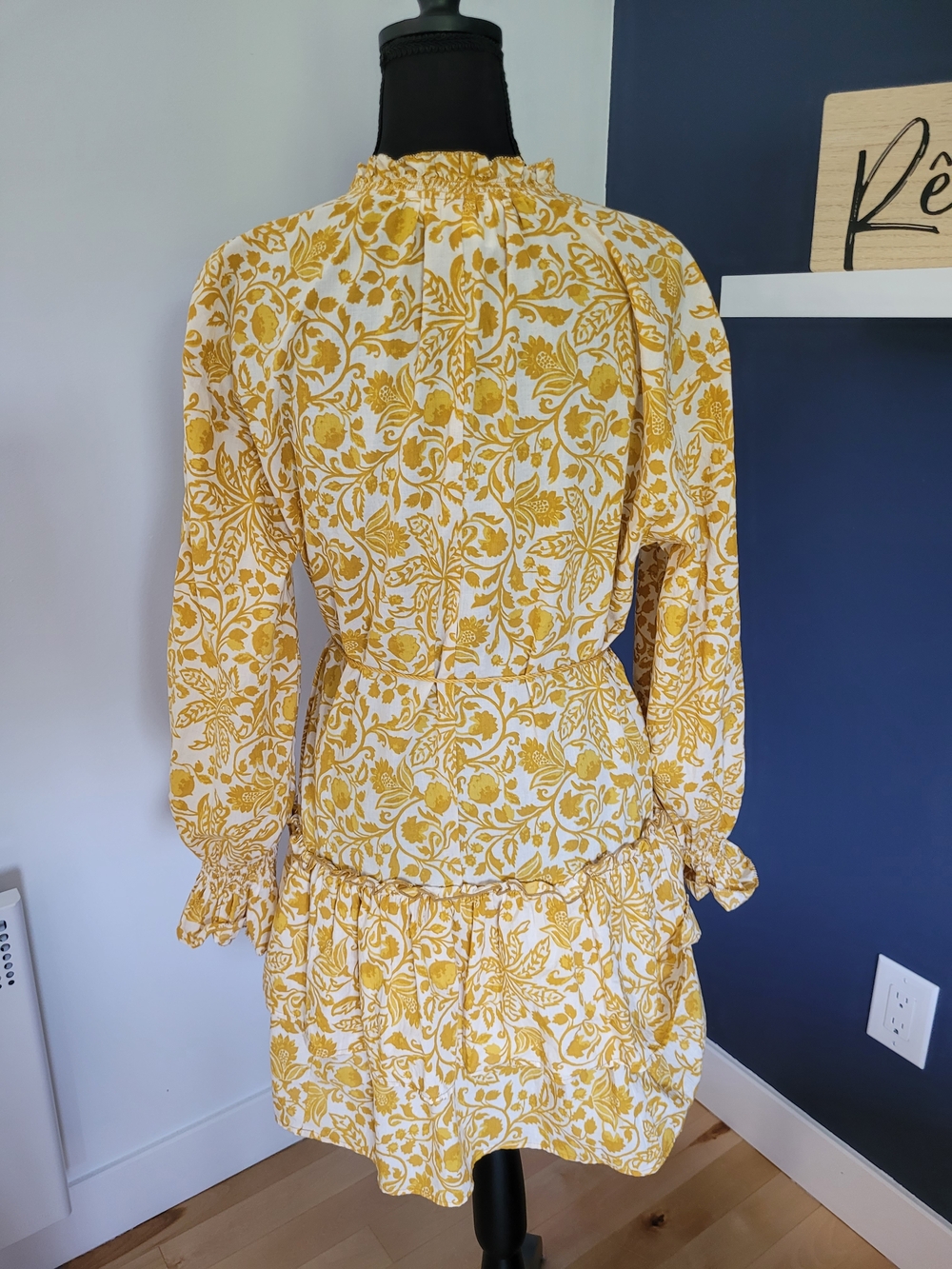 H&M 100% Cotton Top/Dress Yellow/White Floral Tie-Waist Long Sleeve XS -Like New - Picture 7 of 14